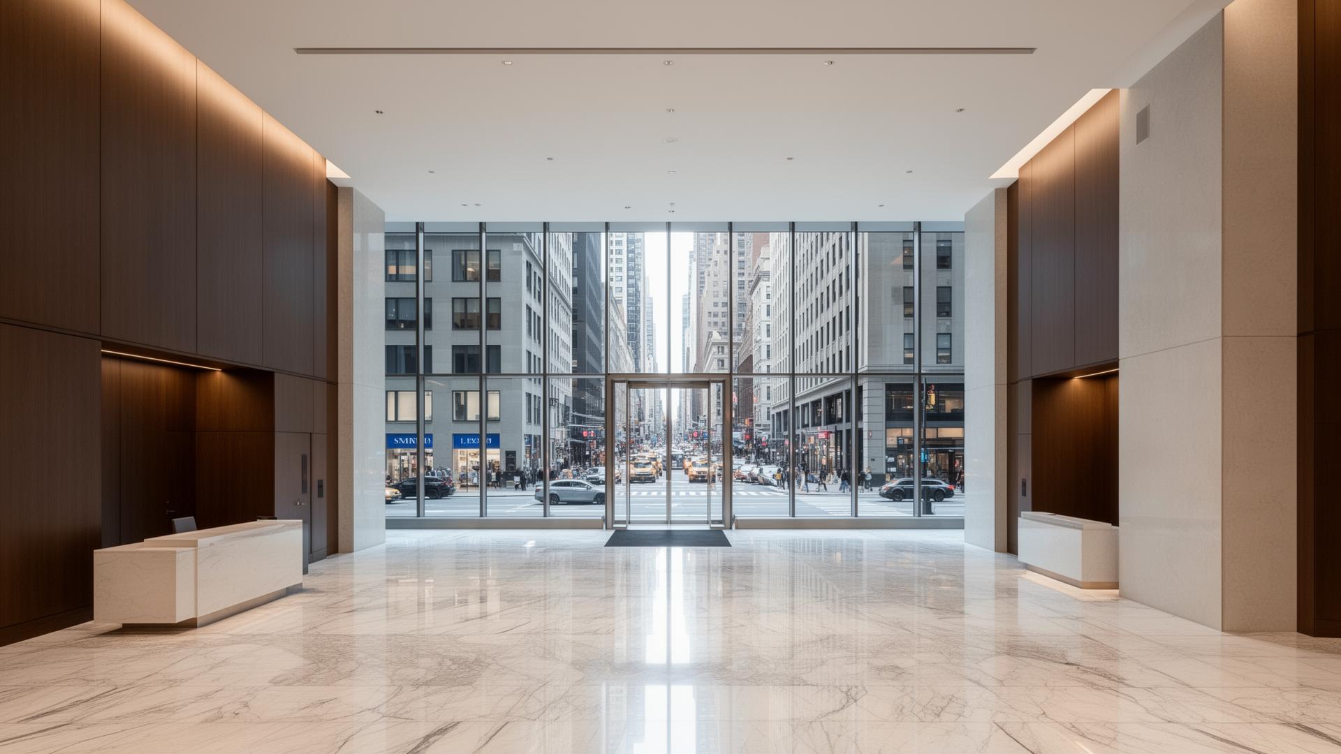 Modern Midtown Manhattan corporate lobby with views to Lexington Avenue