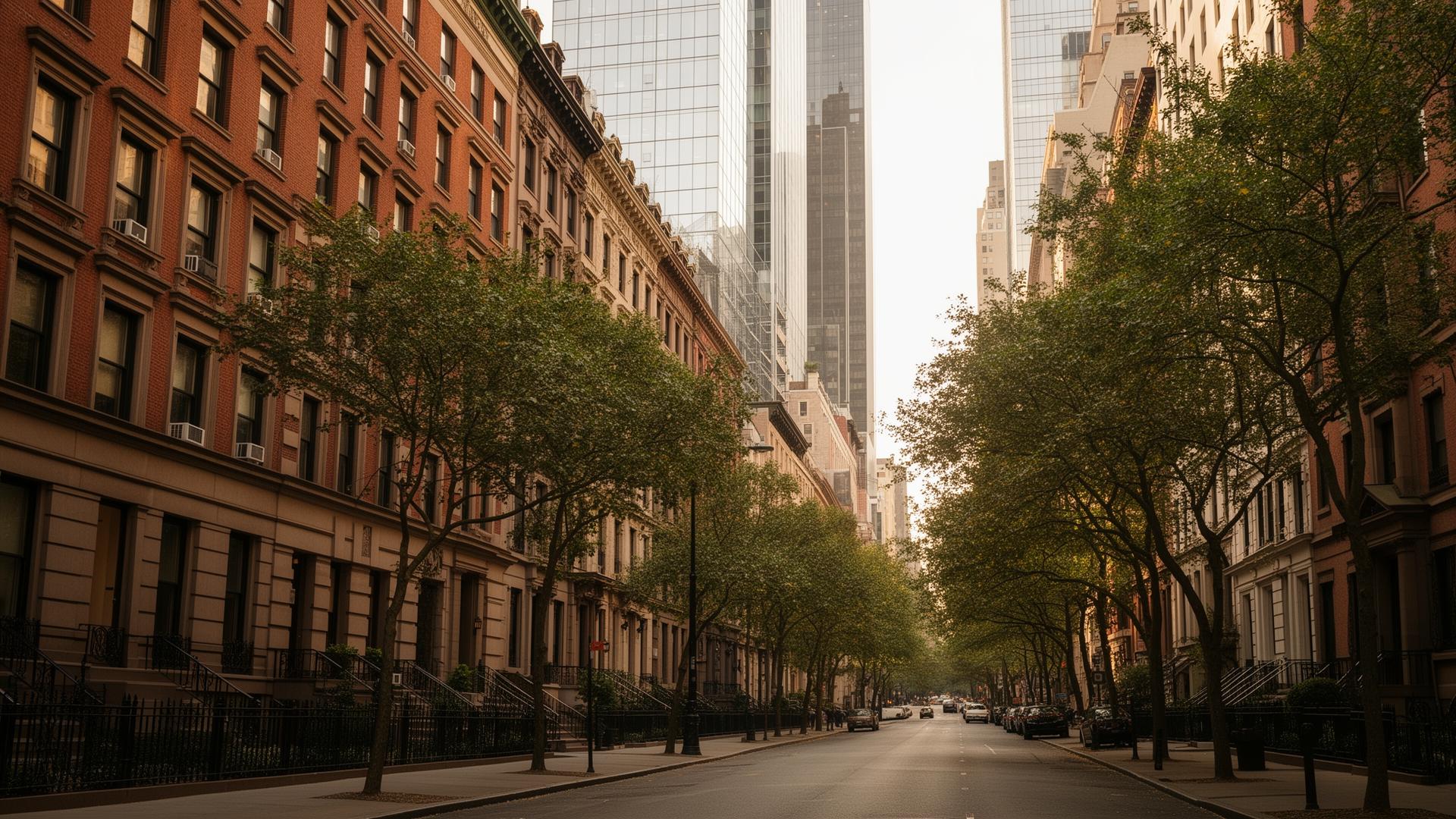 Turtle Bay tree-lined street with brownstones and Midtown East towers
